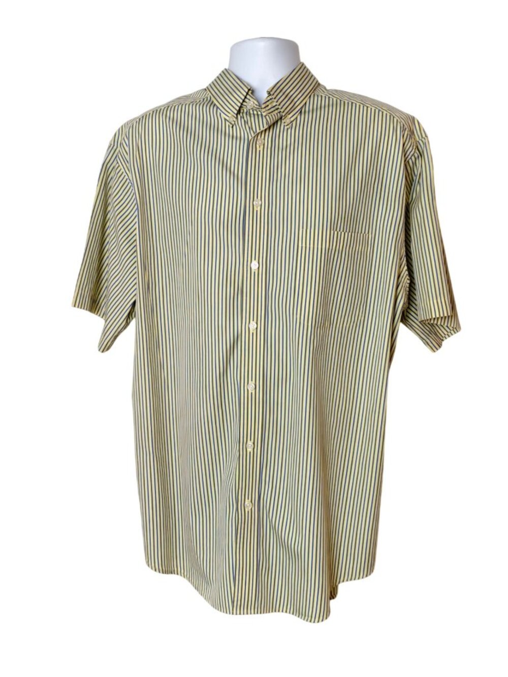 Roundtree & Yorke Mens XLT Button-Up SS Shirt Yellow Blue Striped Relaxed Classi
